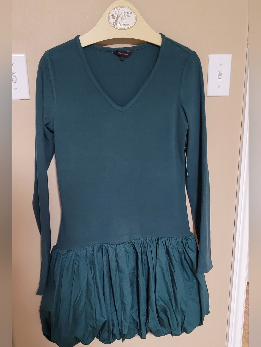 Teal Long-Sleeve V-Neck Bubble Hem Dress